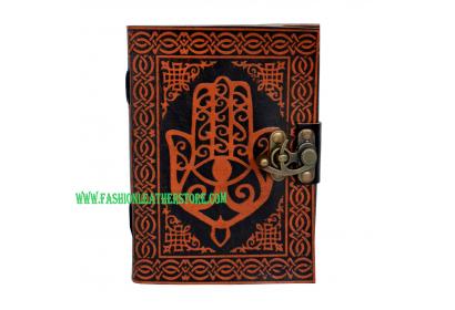 Leather Bound Journal With Strap - Hamsa Hand Personal Leather Writing Orange With Black Diary Note Book